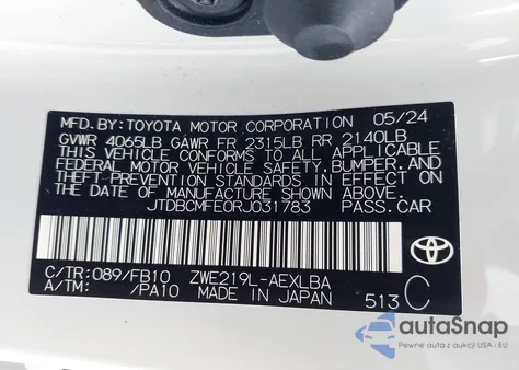 2024 Toyota Corolla Hybrid Le from USA, damaged, VIN JTDBCMFE0RJ031783
